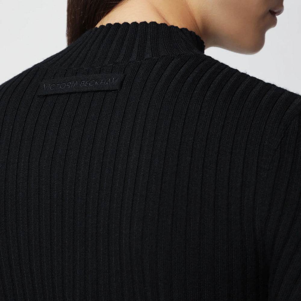 Victoria Beckham - Georgia Ribbed Sweater in Black Merino Wool Brand M