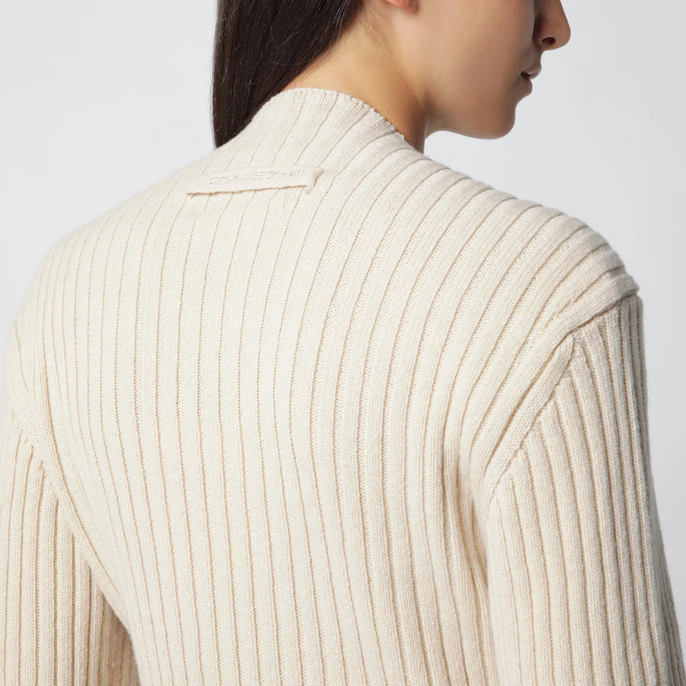 Victoria Beckham - Ribbed Sweater in Beige Wool and Cashmere Brand M