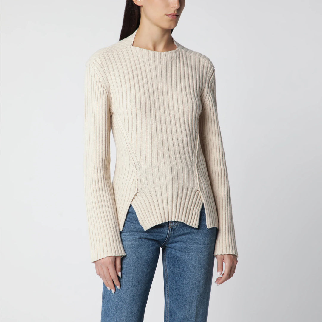 Victoria Beckham - Ribbed Sweater in Beige Wool and Cashmere Brand M