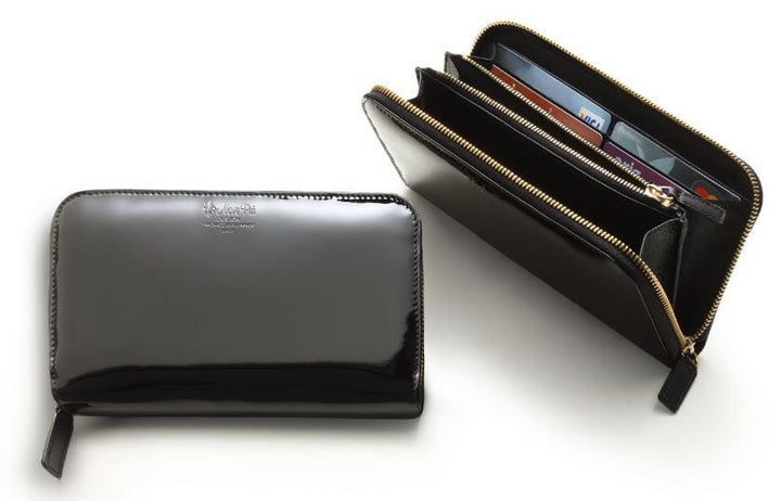 Italian Luxury Group Women's Wallet Zip Around Wallet Women's Black Varnished Italian Leather Brand