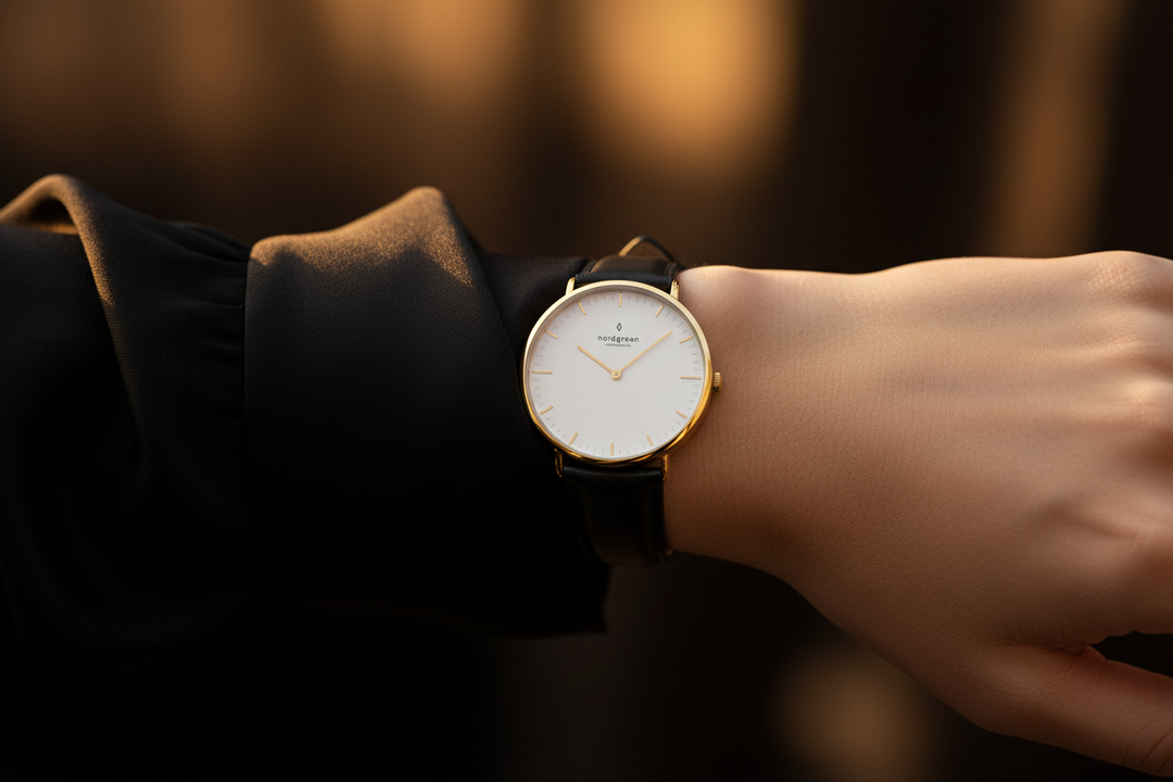 Nordgreen Native Yellow Gold Black Leather Wrist Lifestyle